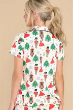White Printed Christmas Pattern Buttoned Two Piece Sleepwear - Fashionfitz