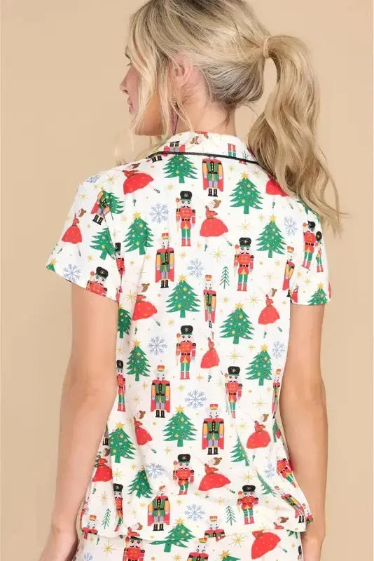 White Printed Christmas Pattern Buttoned Two Piece Sleepwear - Fashionfitz