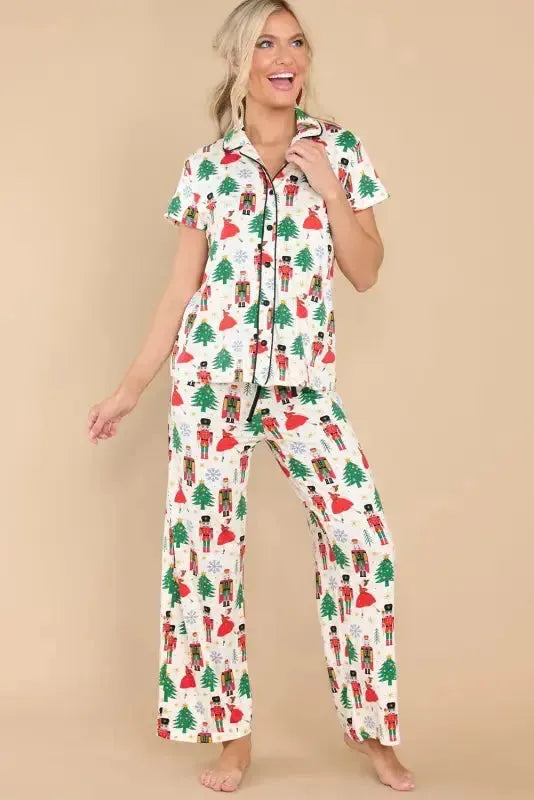 White Printed Christmas Pattern Buttoned Two Piece Sleepwear - Fashionfitz
