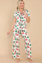 White Printed Christmas Pattern Buttoned Two Piece Sleepwear - Fashionfitz