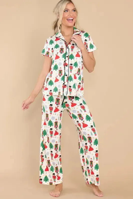 White Printed Christmas Pattern Buttoned Two Piece Sleepwear - Fashionfitz