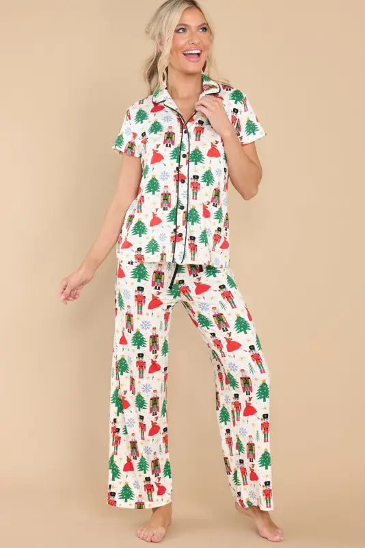 White printed christmas pattern buttoned two piece sleepwear - pajama sets