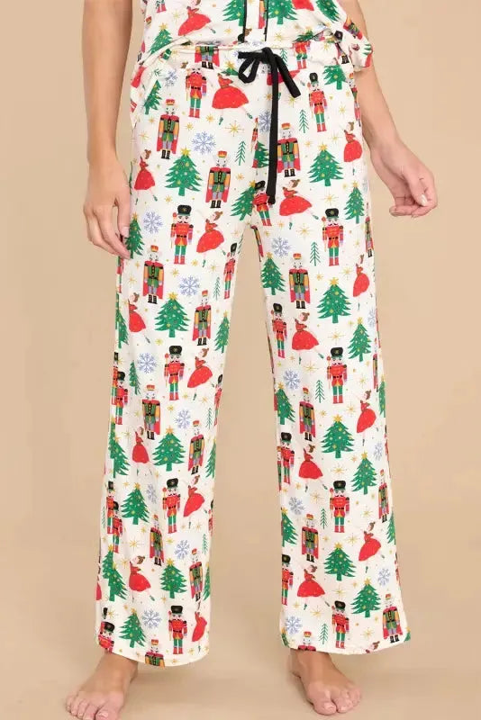 White Printed Christmas Pattern Buttoned Two Piece Sleepwear - Fashionfitz