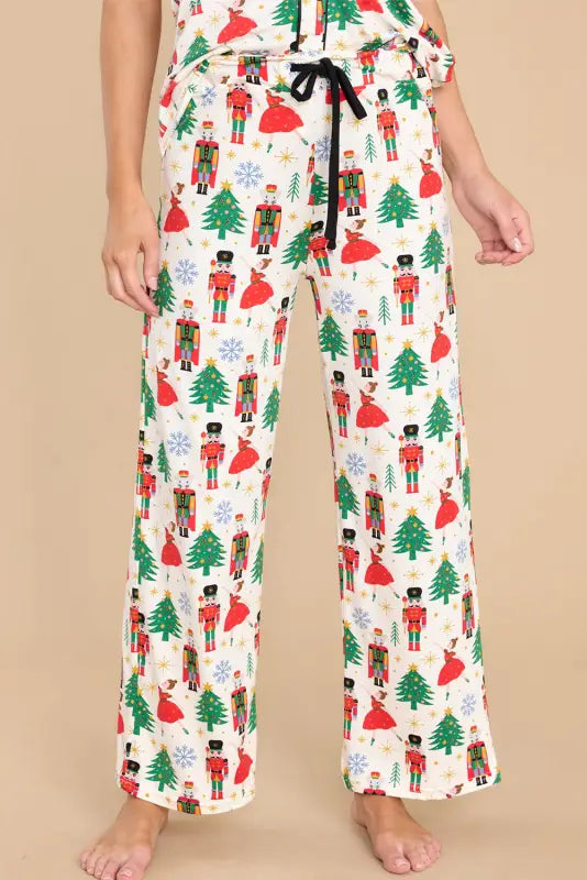 White printed christmas pattern buttoned two piece sleepwear - pajama sets