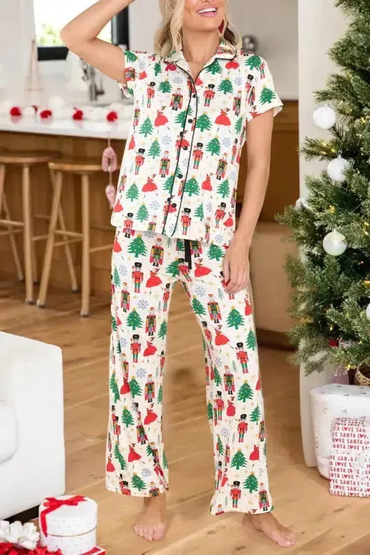 White Printed Christmas Pattern Buttoned Two Piece Sleepwear - Fashionfitz