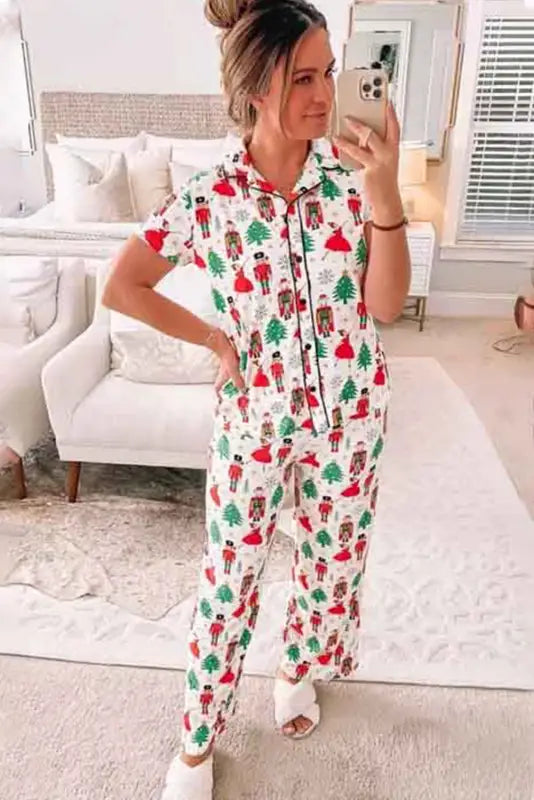 White printed christmas pattern buttoned two piece sleepwear - pajama sets