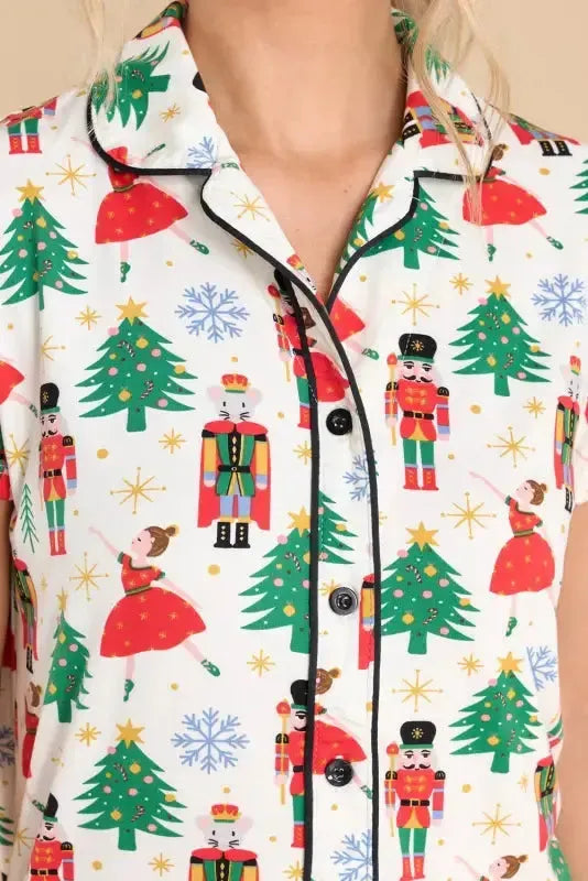 White Printed Christmas Pattern Buttoned Two Piece Sleepwear - Fashionfitz