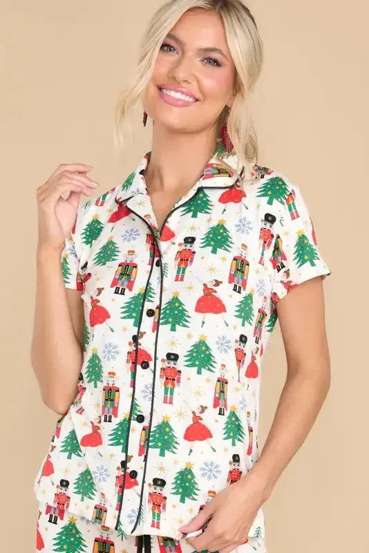 White Printed Christmas Pattern Buttoned Two Piece Sleepwear - Fashionfitz
