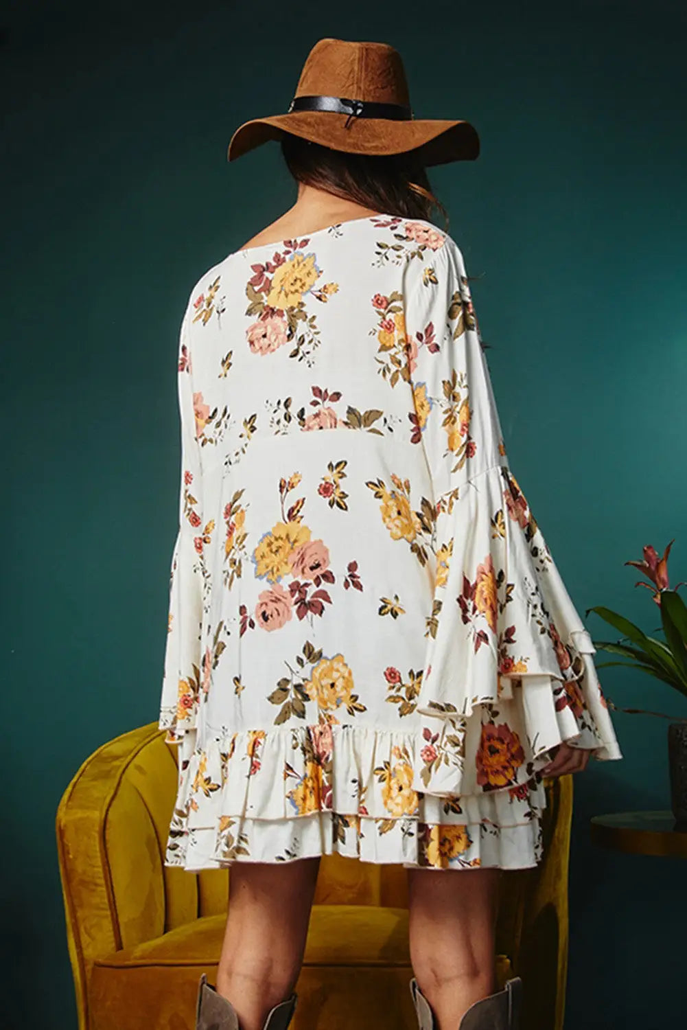 White printed floral print layered sleeve mini dress - dresses
