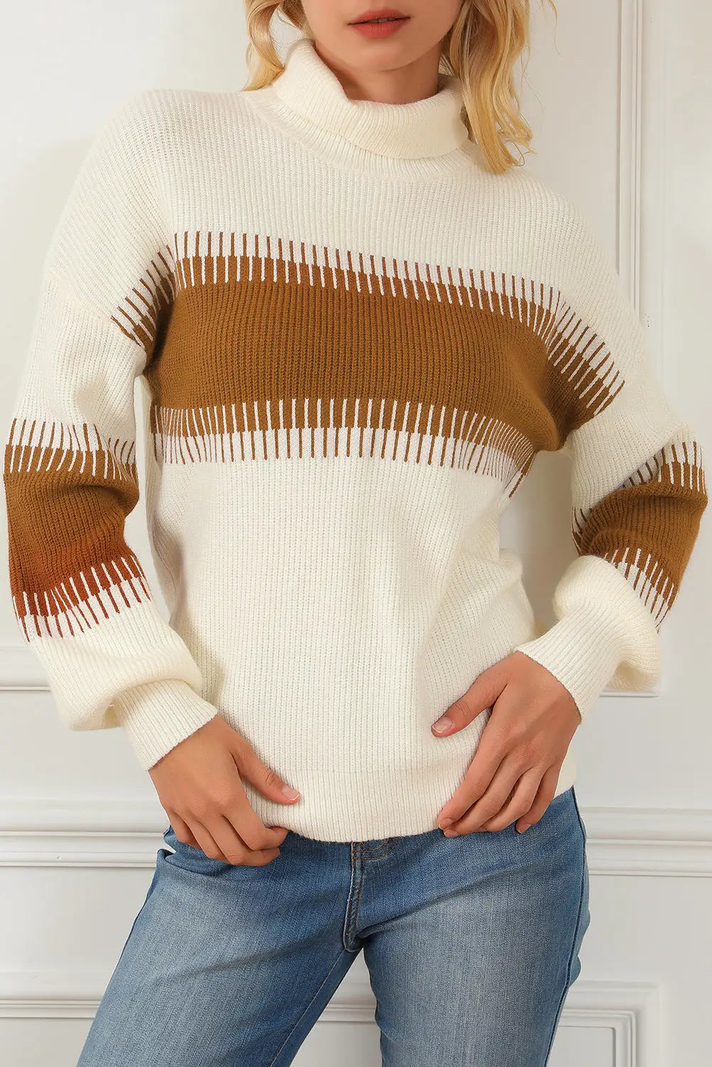 White printed patchwork turtle neck knitted sweater - s / 50% viscose + 28% polyester + 22% polyamide - sweaters &