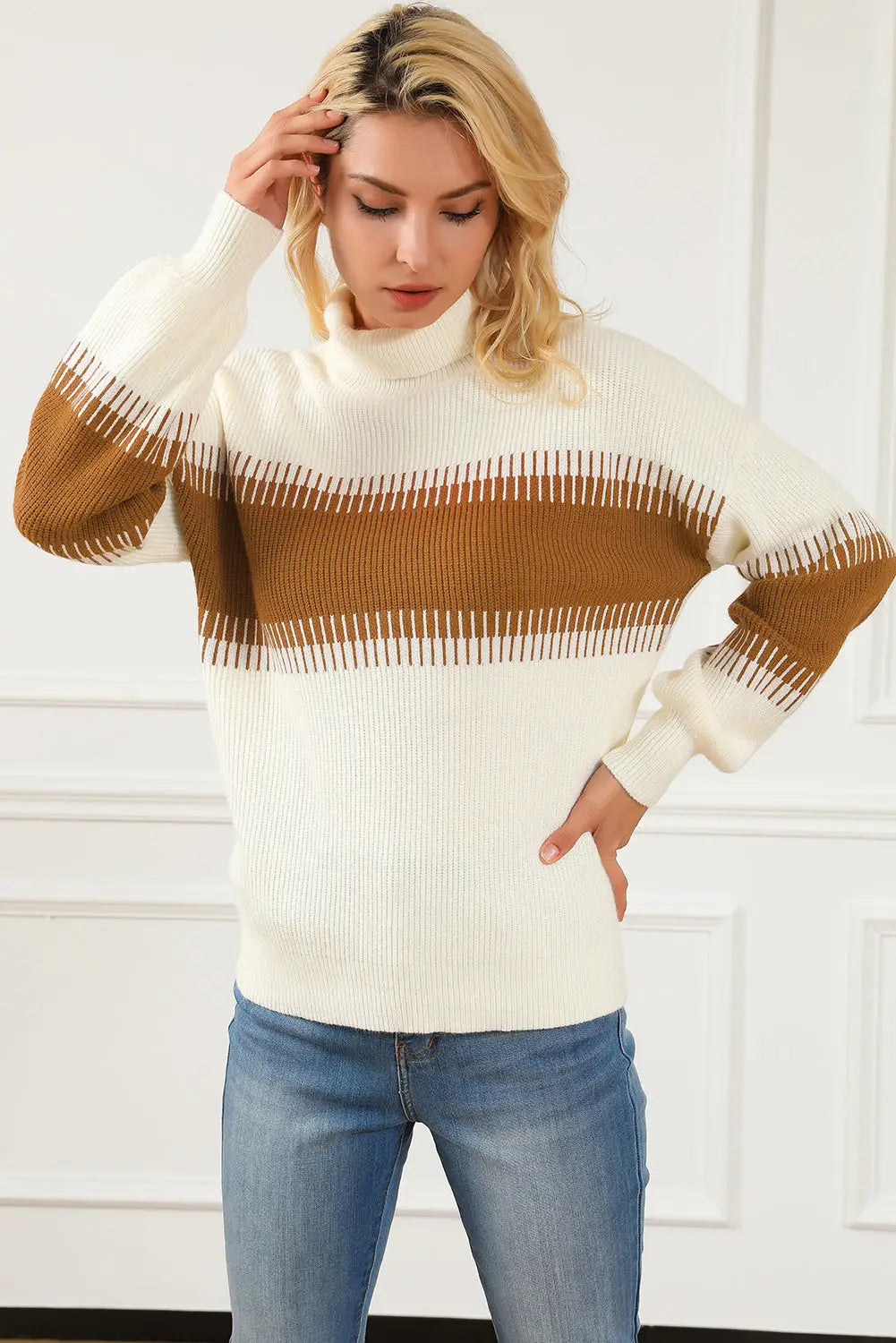 White printed patchwork turtle neck knitted sweater - sweaters & cardigans