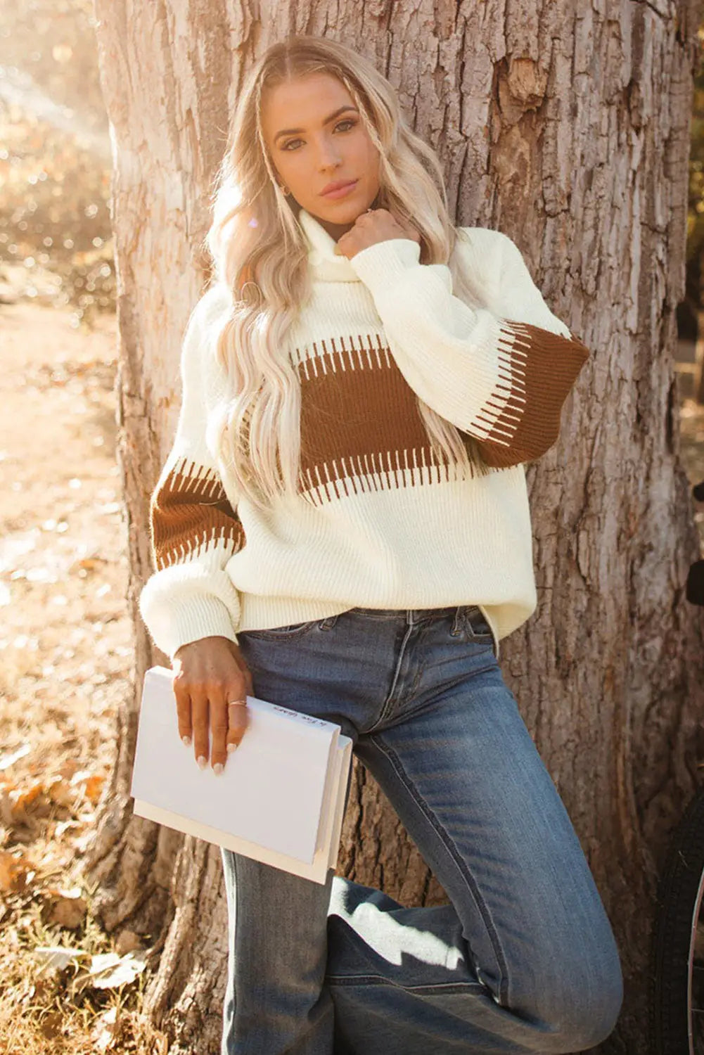 White printed patchwork turtle neck knitted sweater - sweaters & cardigans