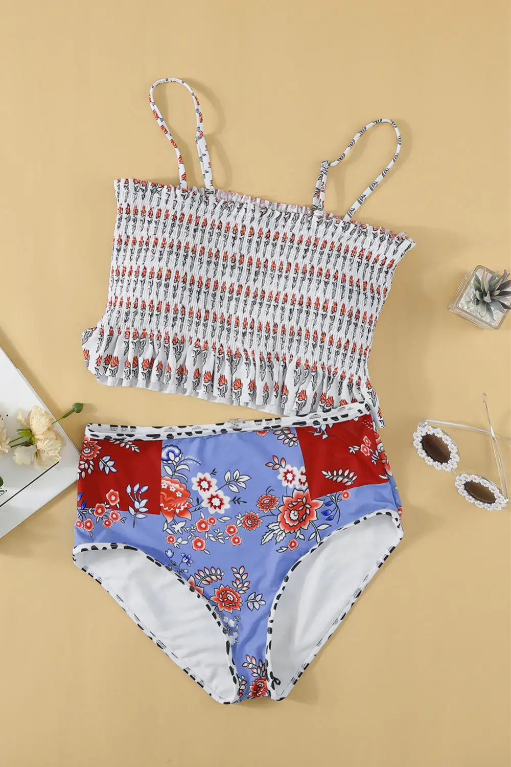 White printed smocked high waisted swimsuits - waist swimsuits