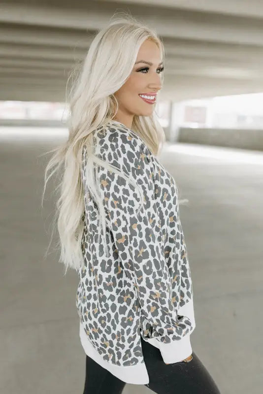 White printed solid trim leopard print top - long sleeve tops