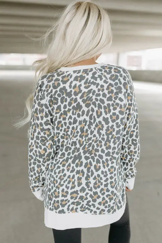 White printed solid trim leopard print top - long sleeve tops