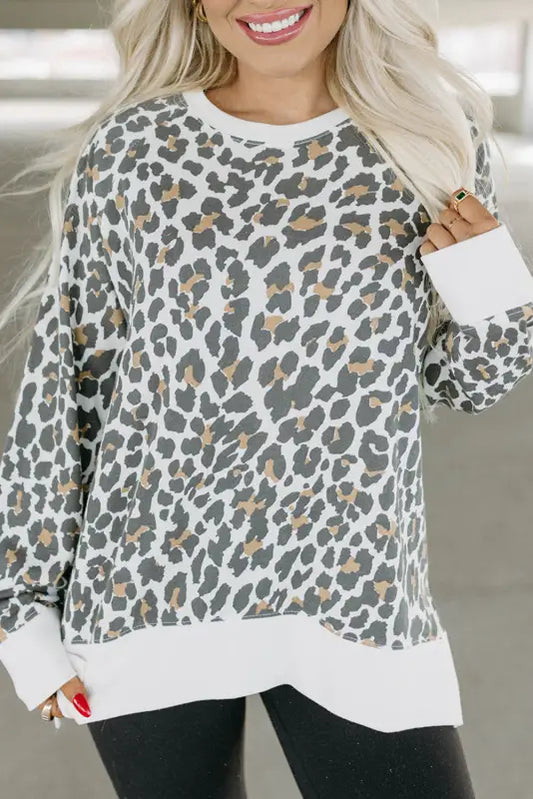 White printed solid trim leopard print top - l / 95% polyester + 5% elastane - long sleeve tops