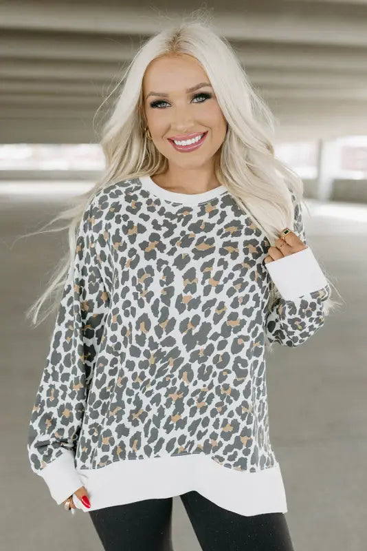 White printed solid trim leopard print top - long sleeve tops