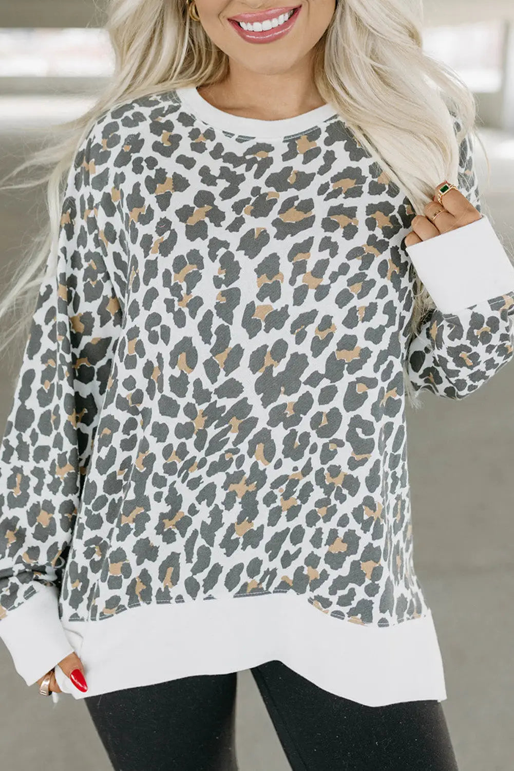 White printed solid trim leopard print top - l / 95% polyester + 5% elastane - long sleeve tops