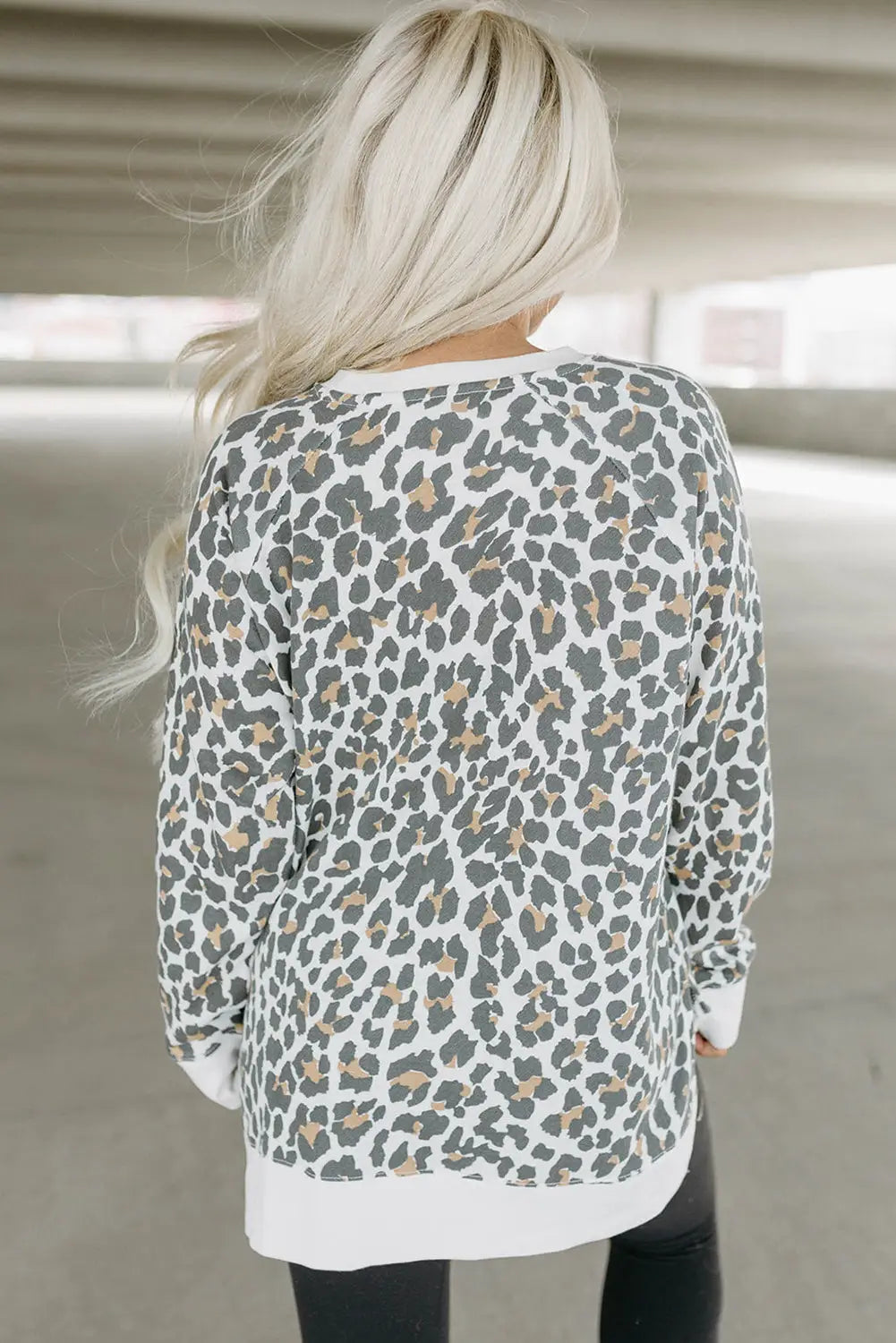 White printed solid trim leopard print top - long sleeve tops