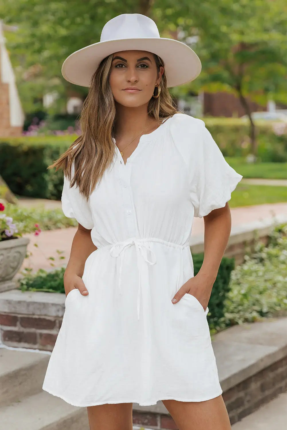 White puff sleeve drawstring shirt dress with pockets - s /