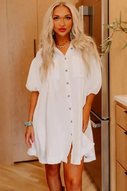 White Puff Sleeve Mini Dress - Fashionfitz
