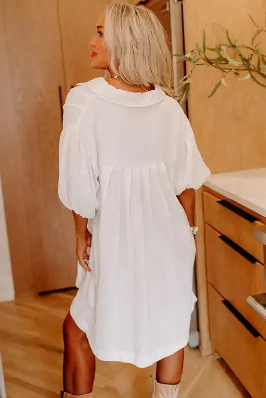 White Puff Sleeve Mini Dress - Fashionfitz