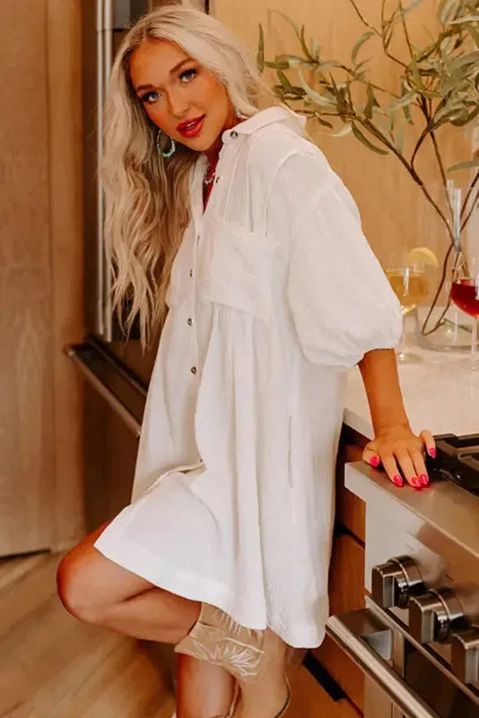 White Puff Sleeve Mini Dress - Fashionfitz