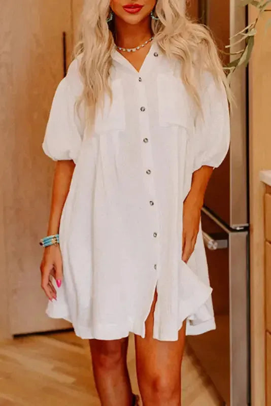 White Puff Sleeve Mini Dress - Fashionfitz