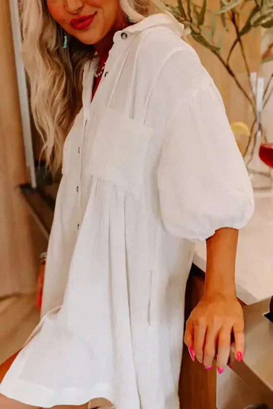 White Puff Sleeve Mini Dress - Fashionfitz