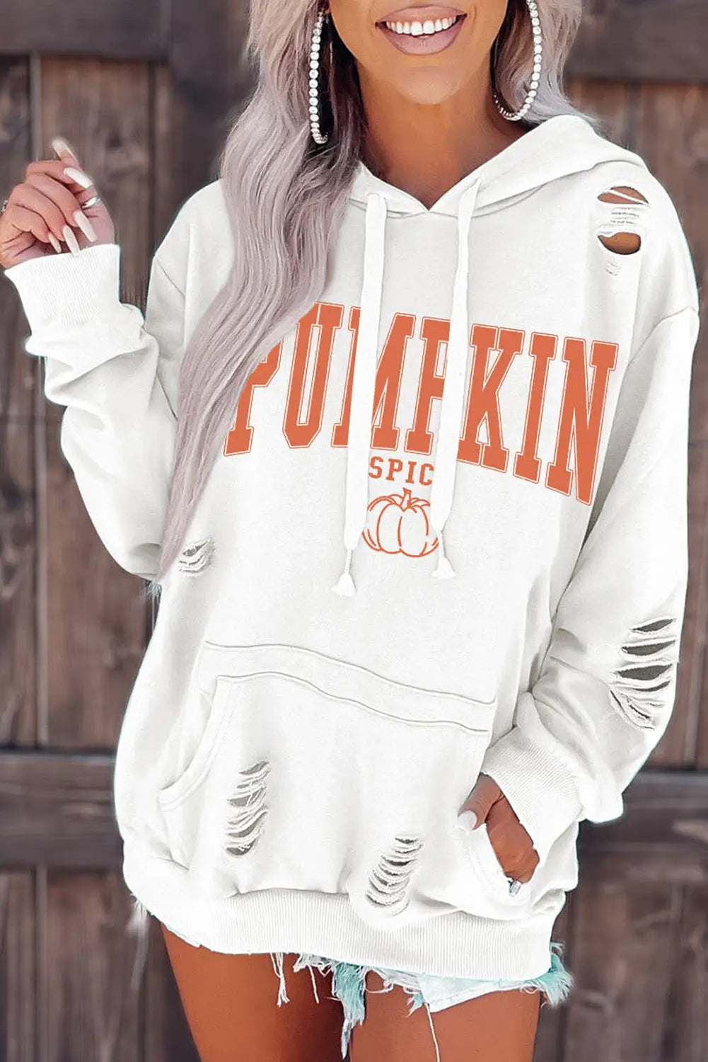 White pumpkin spice distressed hoodie - s / 62.7% polyester + 37.3% cotton - graphic sweatshirts