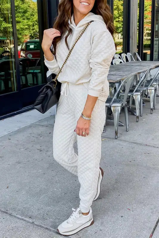 White quilted hoodie and sweatpants two piece set