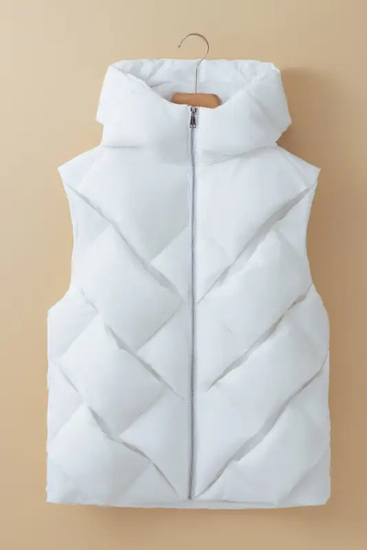 White quilted zipper front hooded vest coat - puffer