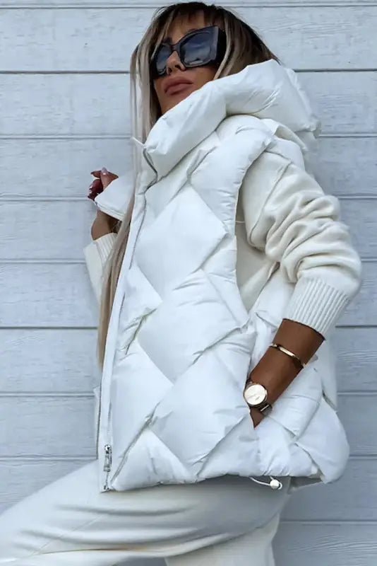 White quilted zipper front hooded vest coat - puffer