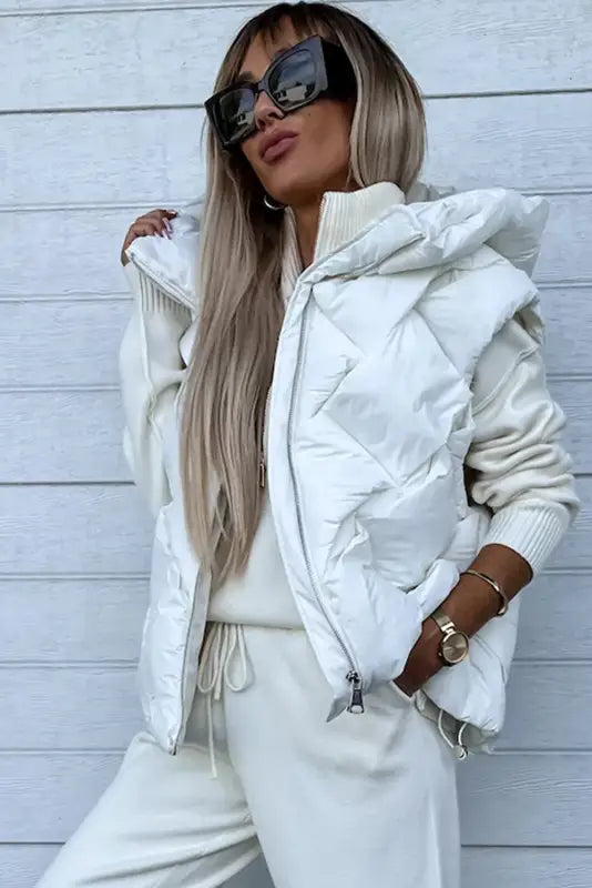 White quilted zipper front hooded vest coat - puffer