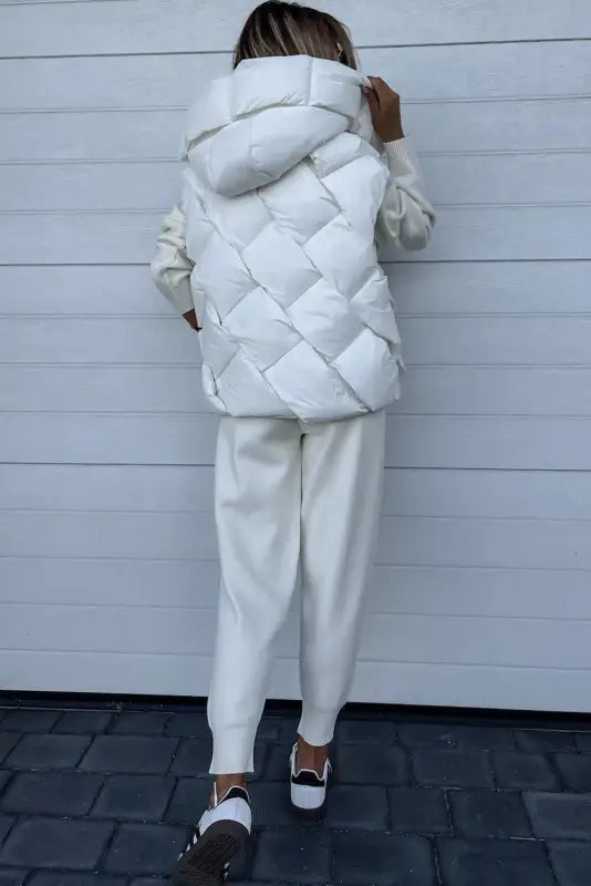 White quilted zipper front hooded vest coat - puffer