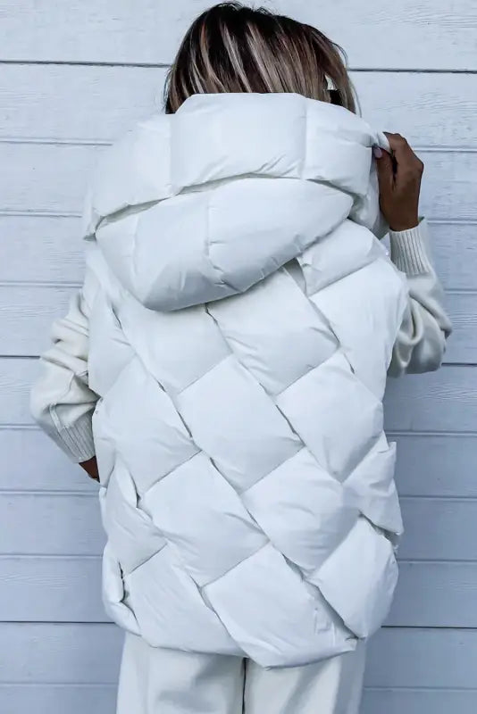 White quilted zipper front hooded vest coat - puffer