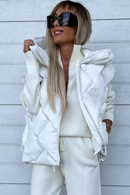 White quilted zipper front hooded vest coat - puffer