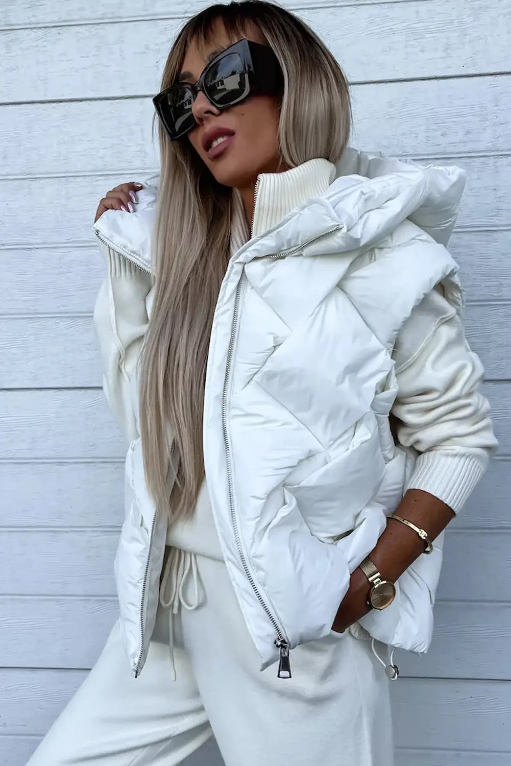 White quilted zipper front hooded vest coat - puffer