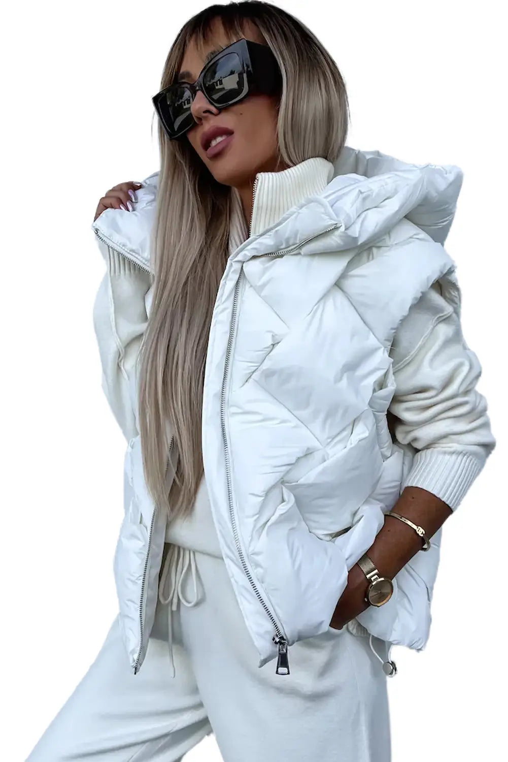 White quilted zipper front hooded vest coat - puffer