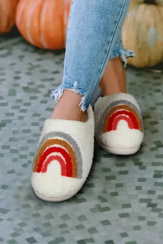 White Rainbow Plush Winter Home Slippers - Fashionfitz