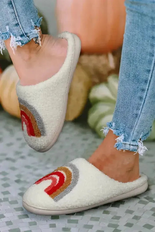 White Rainbow Plush Winter Home Slippers - Fashionfitz