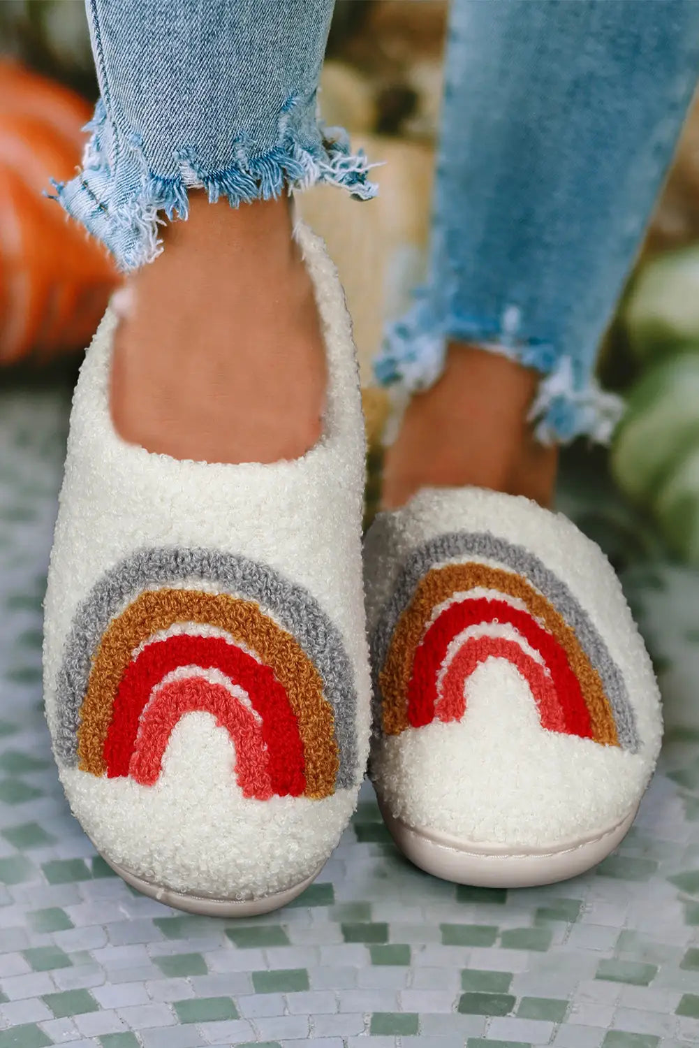 White rainbow plush winter home slippers - bright / 37 / 100% polyester + 100% tpr