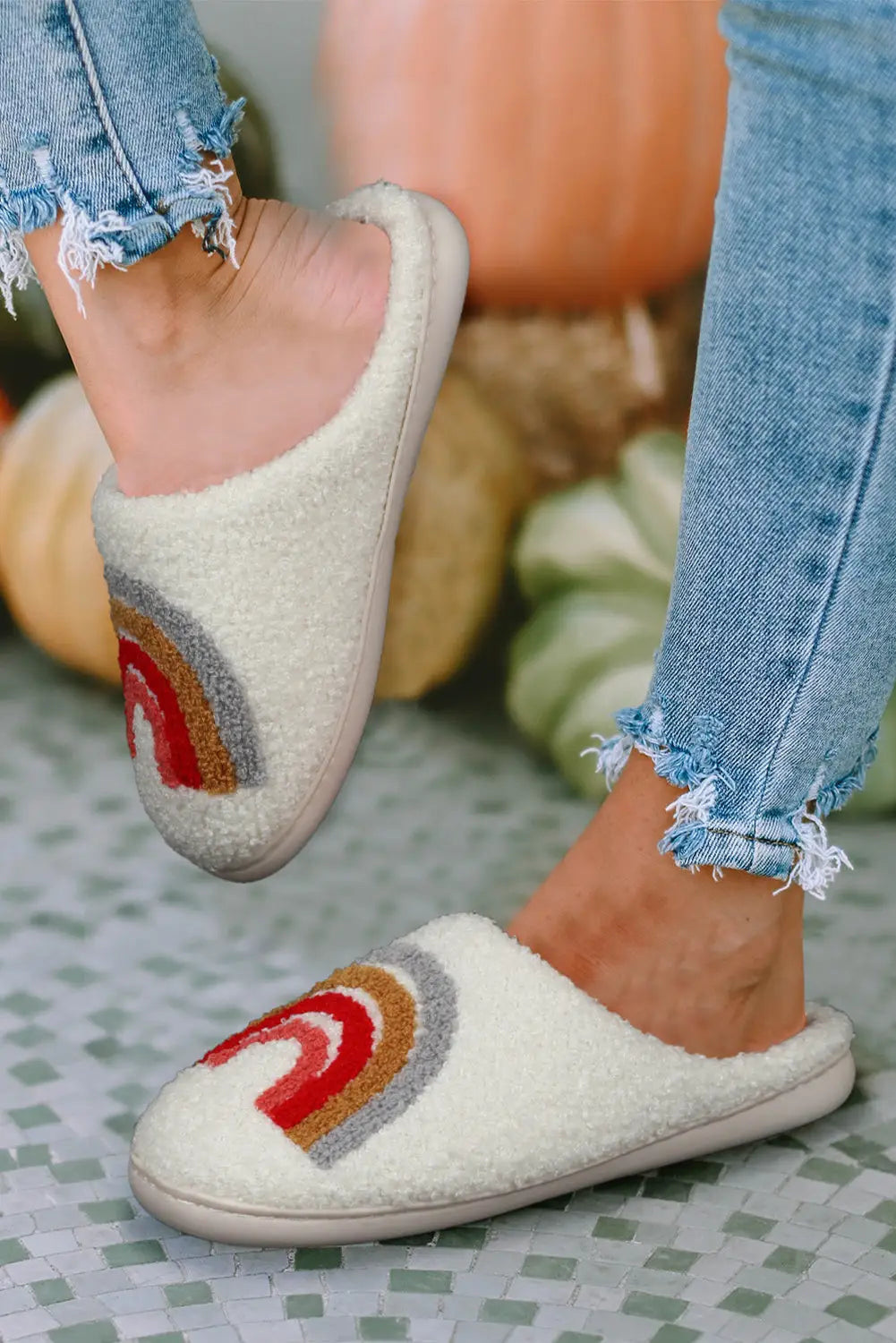 White rainbow plush winter home slippers