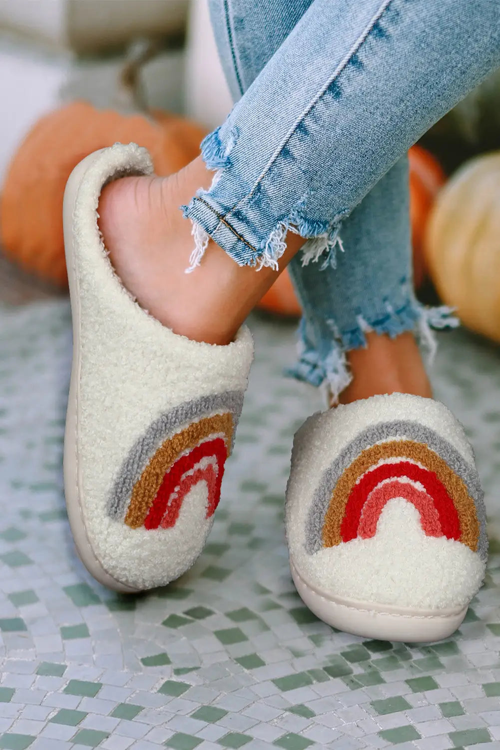 White rainbow plush winter home slippers - shoes & bags