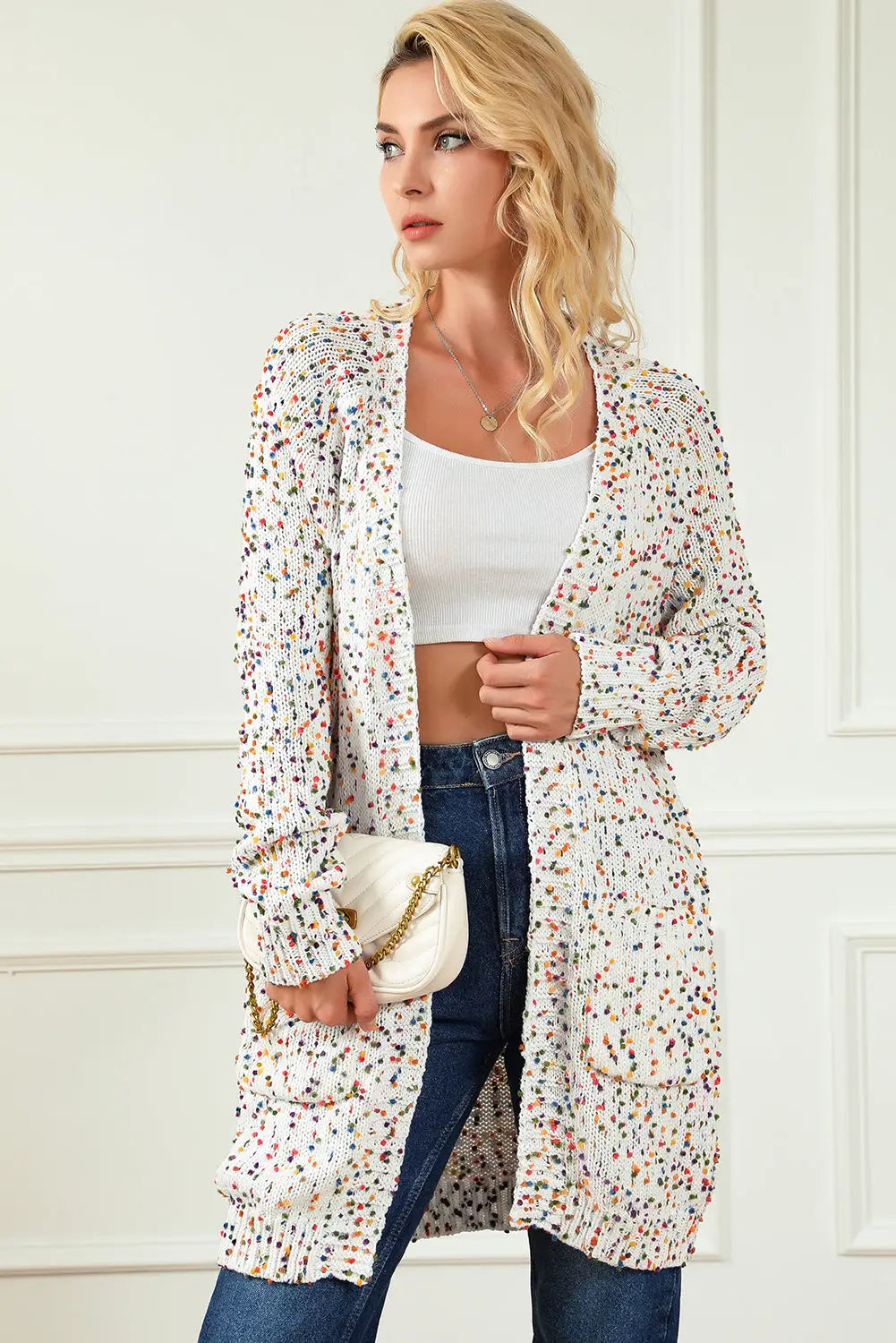 White rainbow popcorn speckles open front cardigan - tops