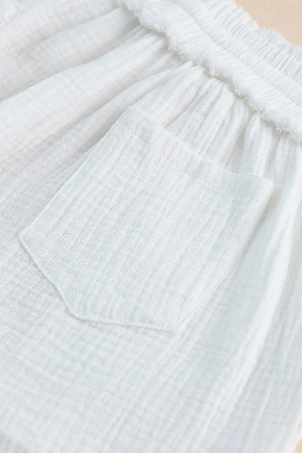 White relaxed v neck blouse and drawstring raw hem shorts set - loungewear