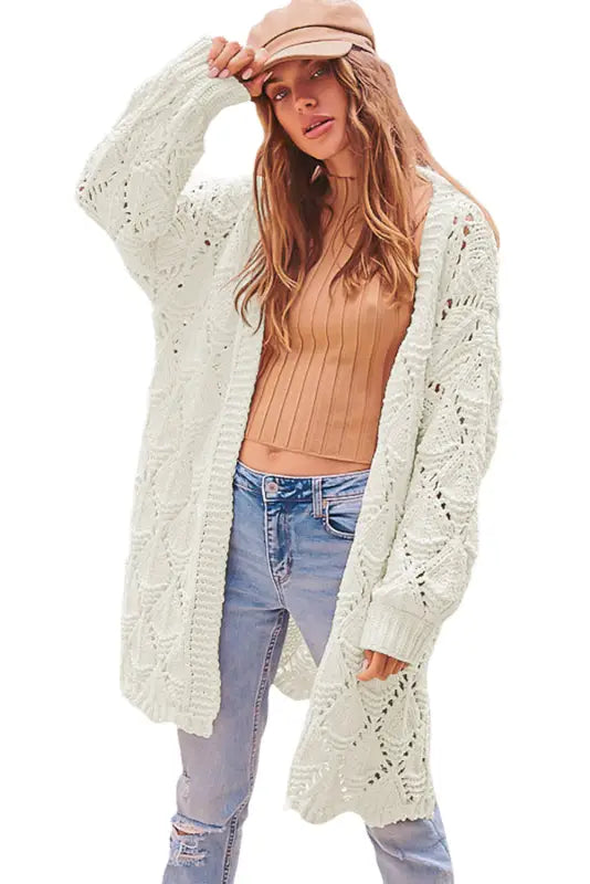 White rhombus hollowed knit open front cardigan - sweaters & cardigans