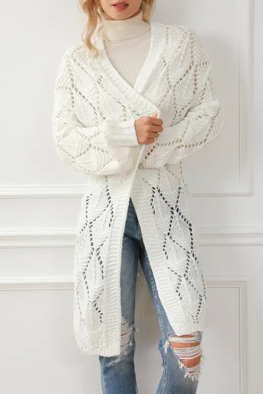 White rhombus hollowed knit open front cardigan - sweaters & cardigans