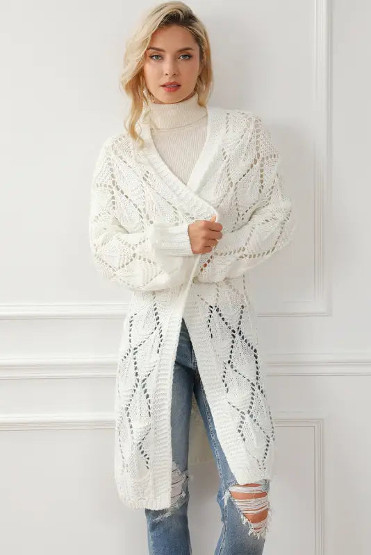 White rhombus hollowed knit open front cardigan - sweaters & cardigans