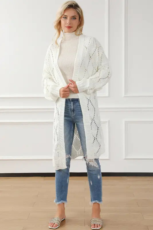 White rhombus hollowed knit open front cardigan - sweaters & cardigans